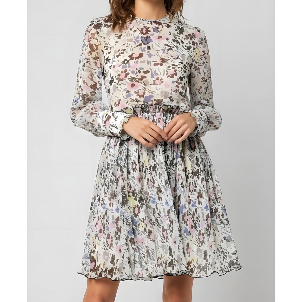 GANNI Pleated Georgette Floral Mini Dress, Egret, FR38